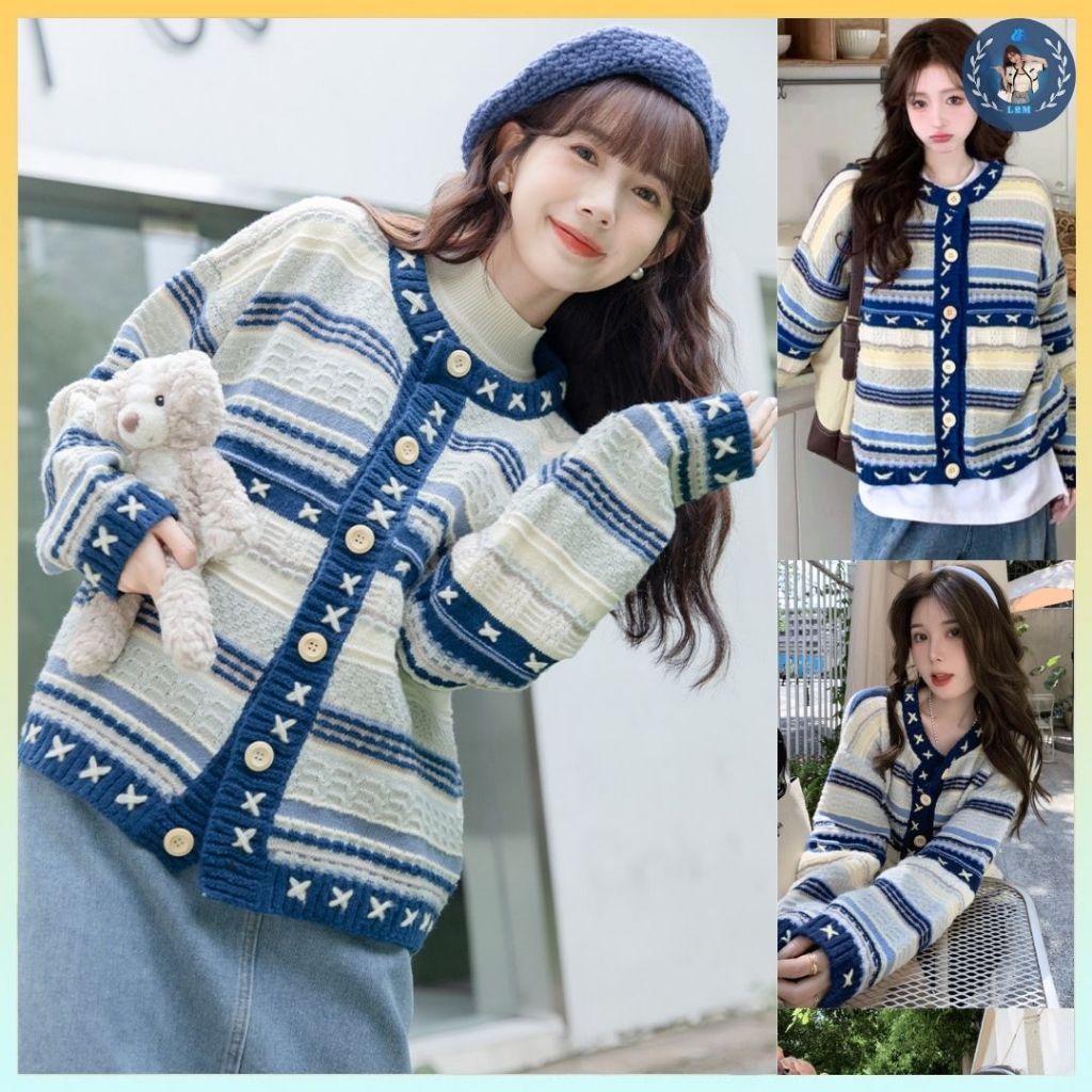 [A460] Áo khoác len thu đông Cardigan SỌC VIỀN CHỮ THẬP phom rộng vải dày dặn cực xịn xò - L2M (New)