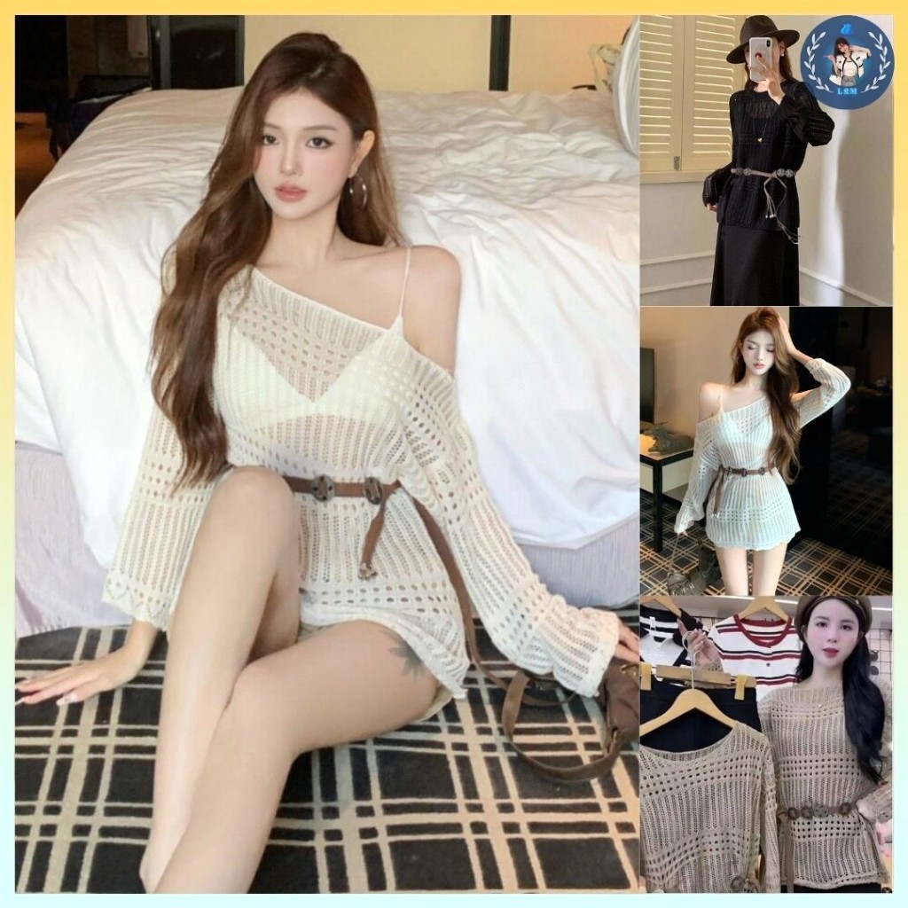 [A482] SET Áo len montoghi LƯỚI HỌA TIẾT TRÒN DỌC form rộng KÈM ĐAI ĐỒNG XU mặc ngoài đi biển dễ phối đồ - L2M (New)
