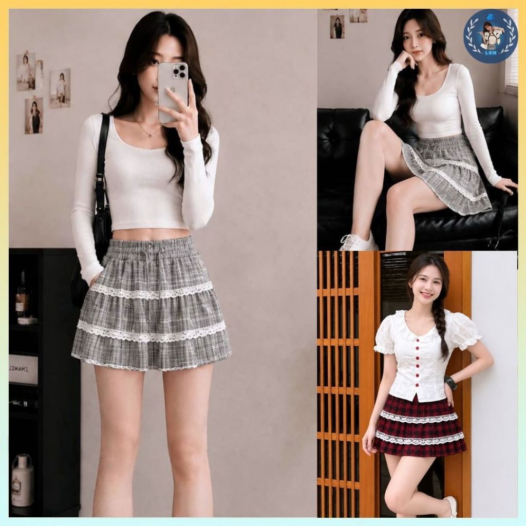 [Q112] Chân váy xòe CARO PHỐI 2 REN XẾP TẦNG có lót trong lưng thun co giãn dáng ngắn xinh xắn - L2M (New)