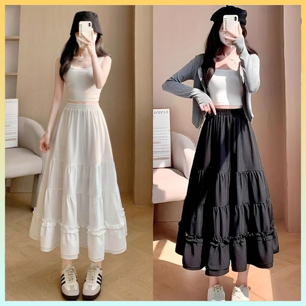 [Q095] Chân váy MAXI NHIỀU TẦNG PHỐI 2 ĐƯỜNG REN cách điệu có lót trong dễ phối đồ - L2M (New)