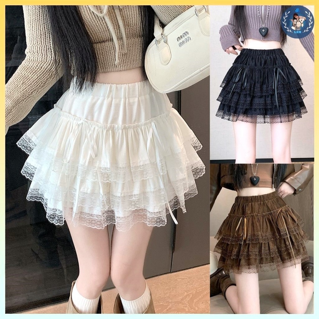 [Q094] Chân váy XÒE PHỐI REN ĐÍNH 2 NƠ DÀI có lót trong lưng thun co giãn dáng ngắn xinh xắn - L2M (New)