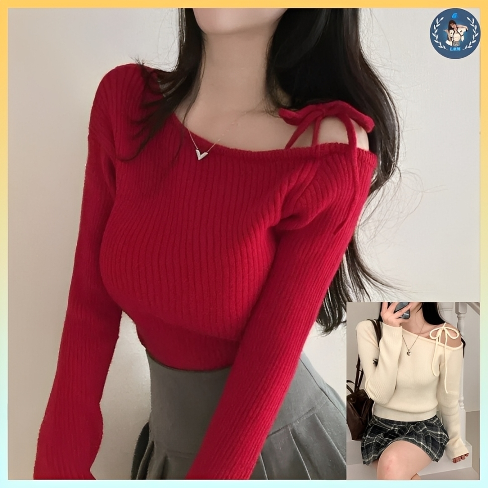 [A457] Áo len thun Montoghi dệt kim LỆCH 1 BÊN VAI phối NƠ BUỘC tay dài xinh xắn sang trọng - L2M (New)