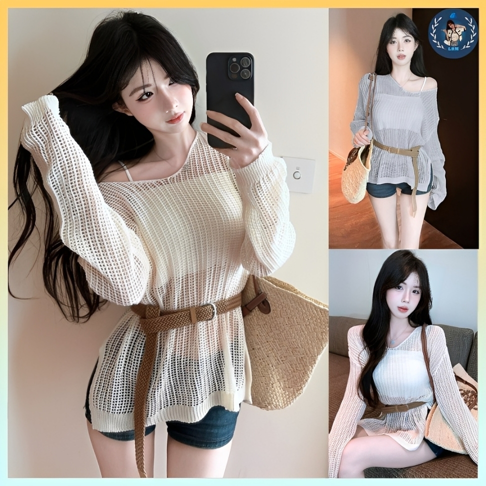 [A462] Set Áo len LƯỚI montoghi CỔ V LƯỚI NHỎ KÈM ĐAI form vừa mặc ngoài đi biển dễ phối đồ - L2M (New)