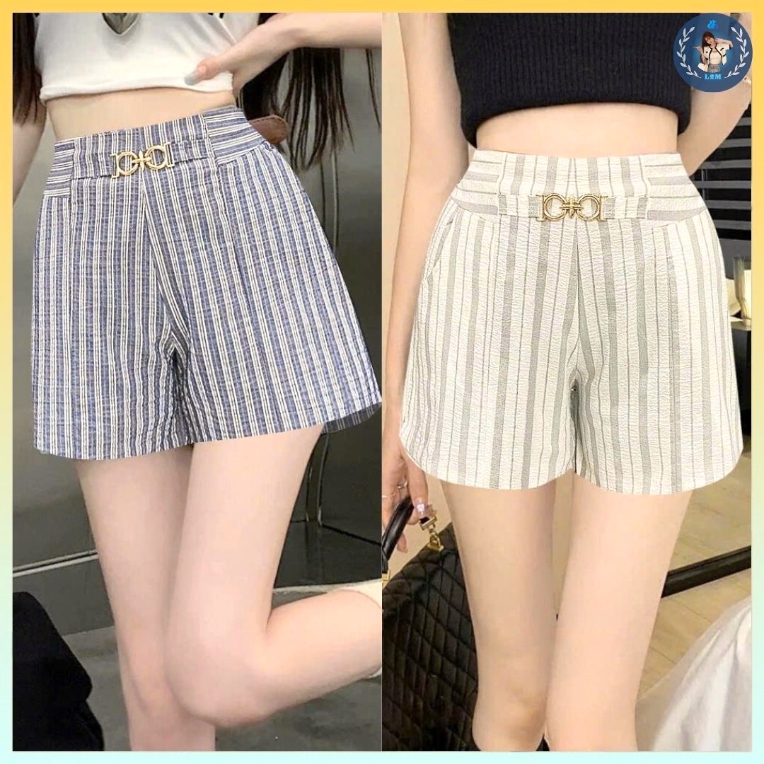 [Q086] Quần short nữ ĐŨI KẺ SỌC lưng thun phối KHOEN EO co giãn kiểu dáng năng động - L2M (New)