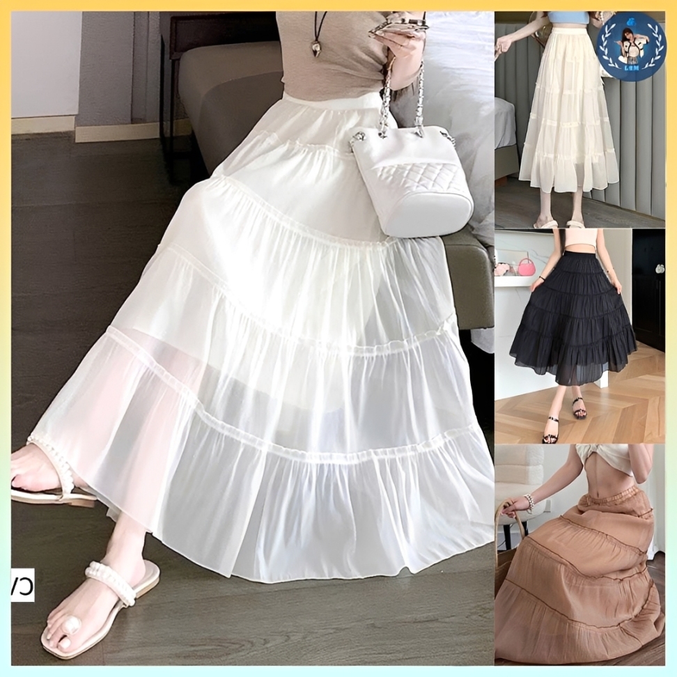 [Q107] Chân váy MAXI TƠ VOAN 2 LỚP 5 TẦNG mềm mại lưng chun có lót trong dễ phối đồ - L2M (New)