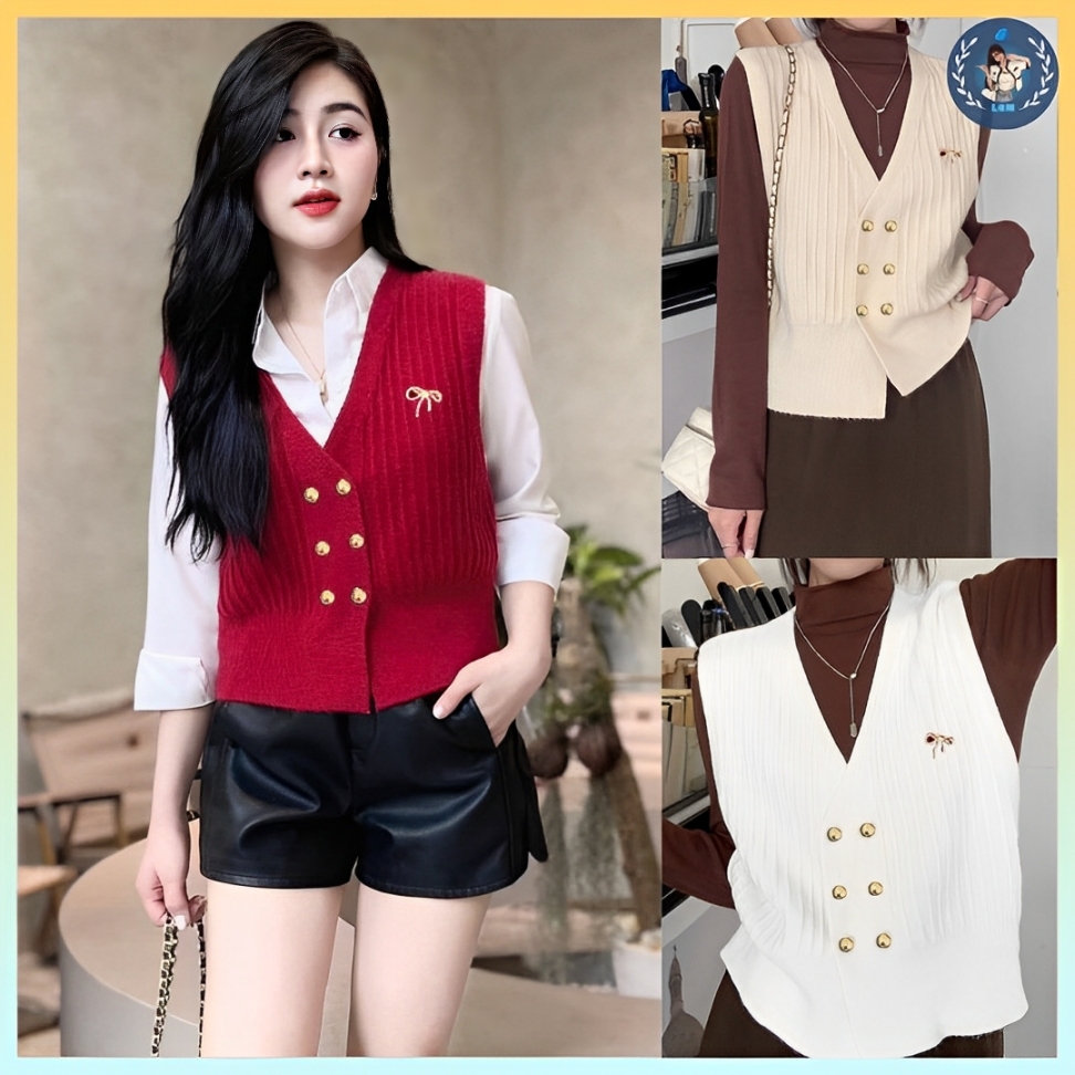 [A250] Áo len thun nữ Montoghi dệt kim GILE ĐÍNH NÚT VÀ NƠ kiểu dáng trẻ trung QC dễ phối đồ - L2M  (Hot)