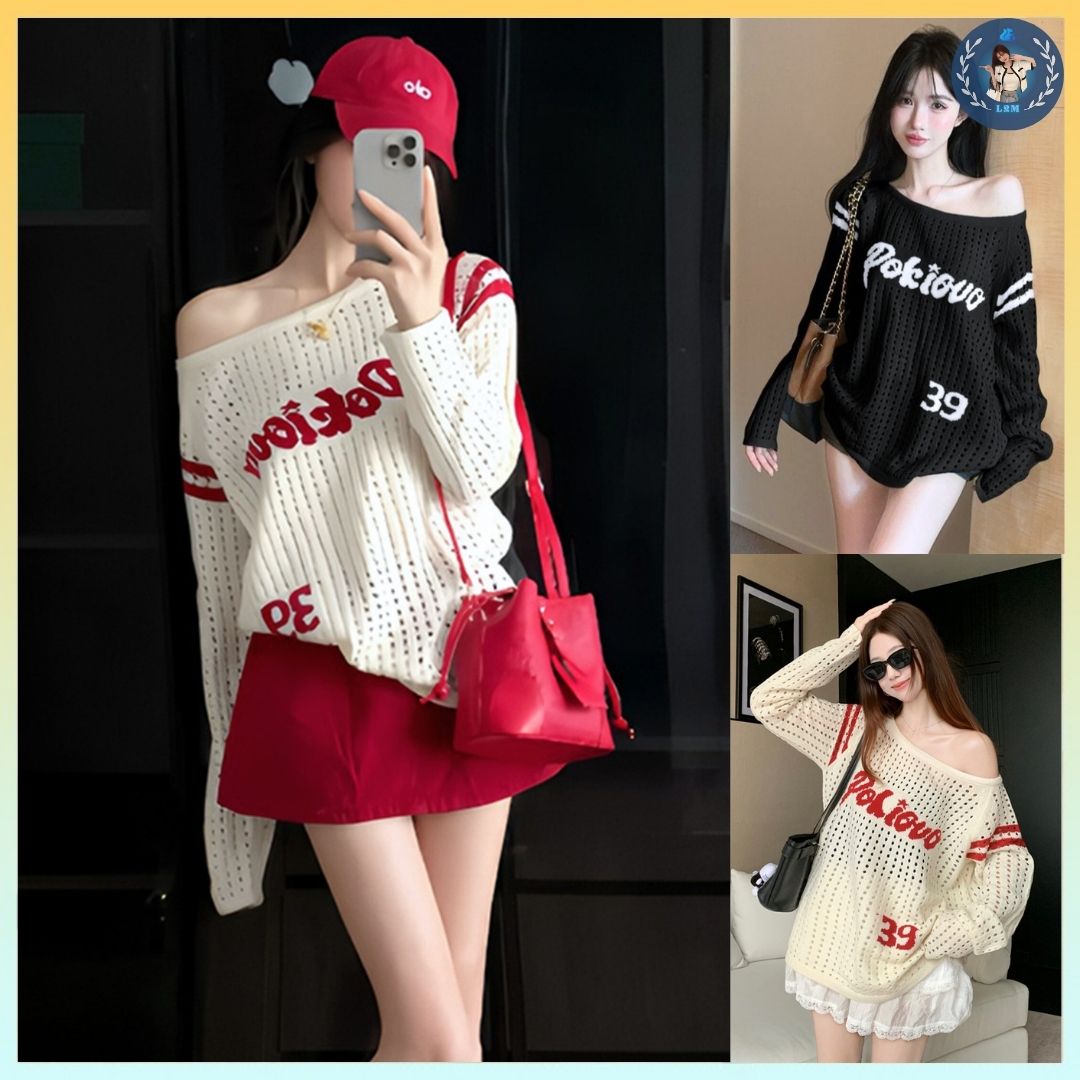 [A484] Áo len LƯỚI montoghi dệt kim PHỐI CHỮ VIỀN TAY form rộng mặc ngoài đi biển dễ phối đồ - L2M (New)