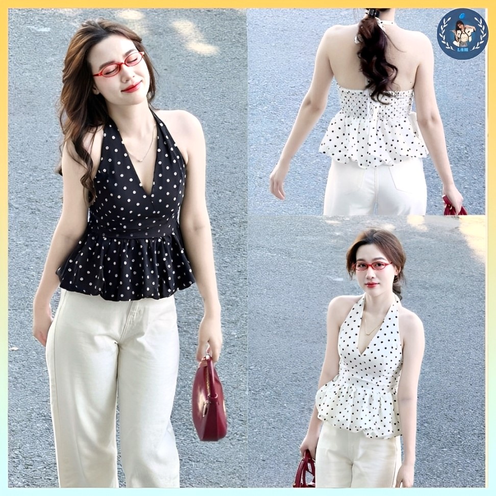 [A430] Áo kiểu nữ CỔ YẾM CHẤM BI có mút vạt xòe phối lưng chun tôn dáng xinh xắn hot trend - L2M (New)