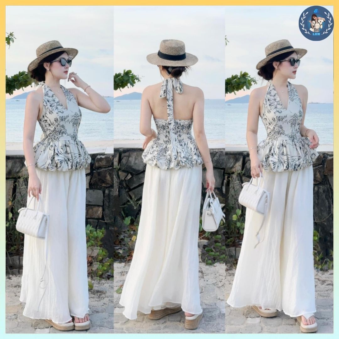 [A446] Set Áo kiểu CỔ YẾM VẼ HOA VĂN có mút kèm QUẦN TƠ GÃY 2 lớp ống rộng lưng chun tôn dáng - L2M (New)