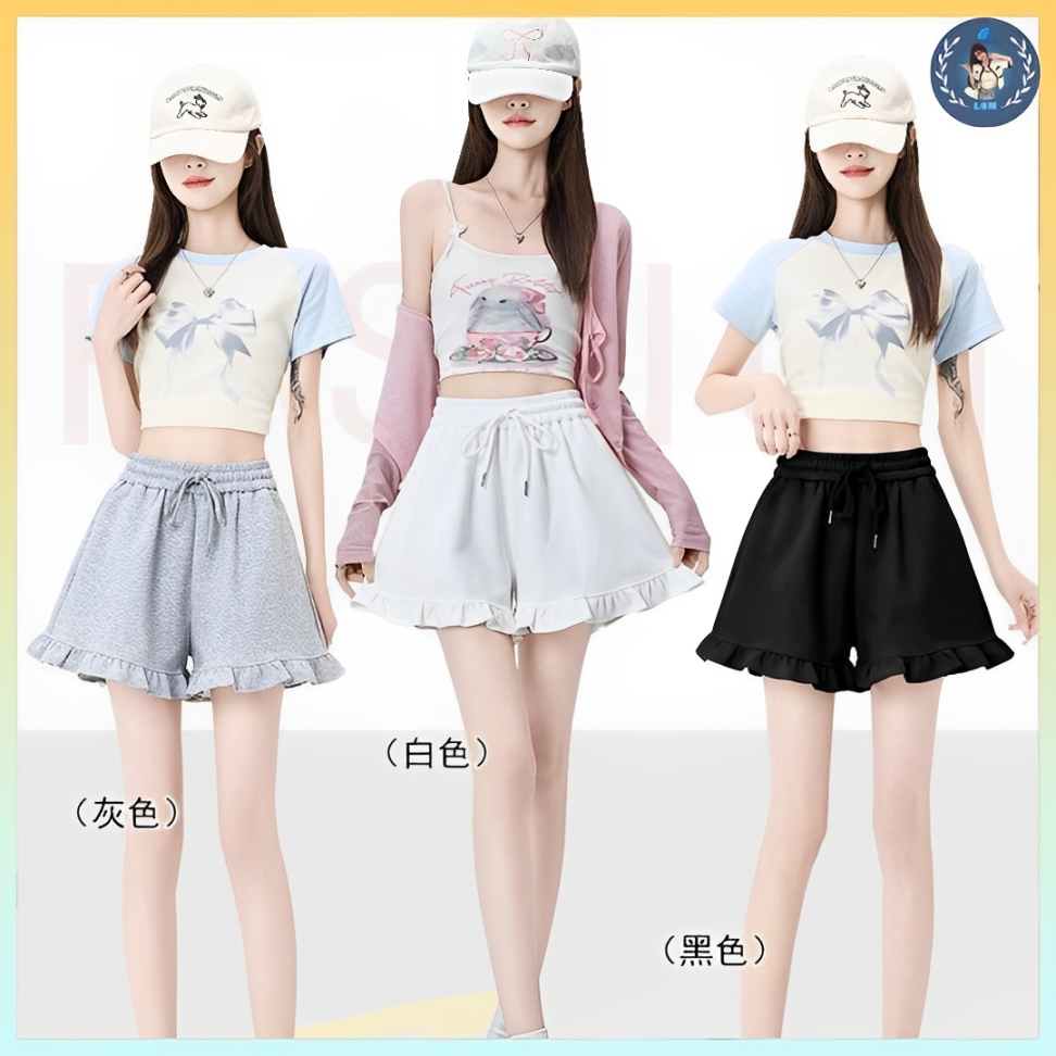 [Q087] Quần short nữ THUN GÂN phối ĐÙI BÈO lưng thun phối dây co giãn kiểu dáng năng động - L2M (New)