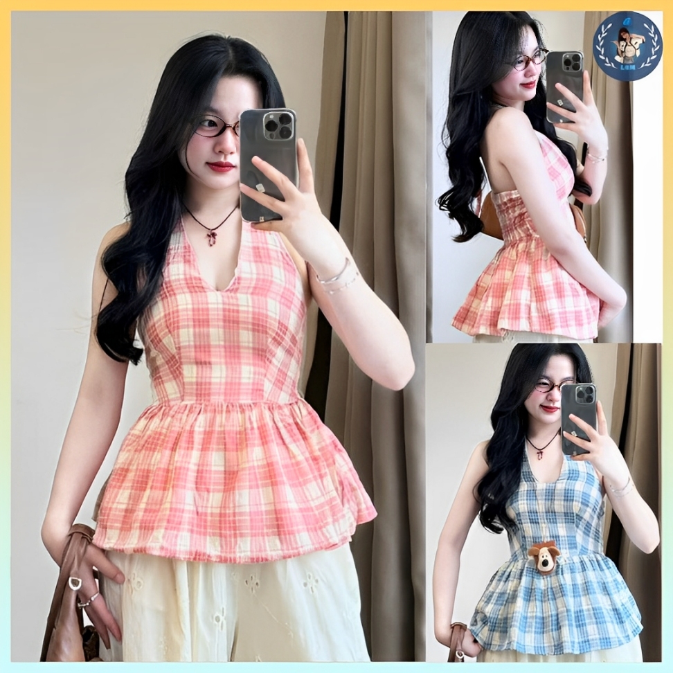 [A432] Áo kiểu nữ CỔ YẾM KẺ CARO có mút vạt xòe phối lưng chun tôn dáng xinh xắn hot trend - L2M (New)