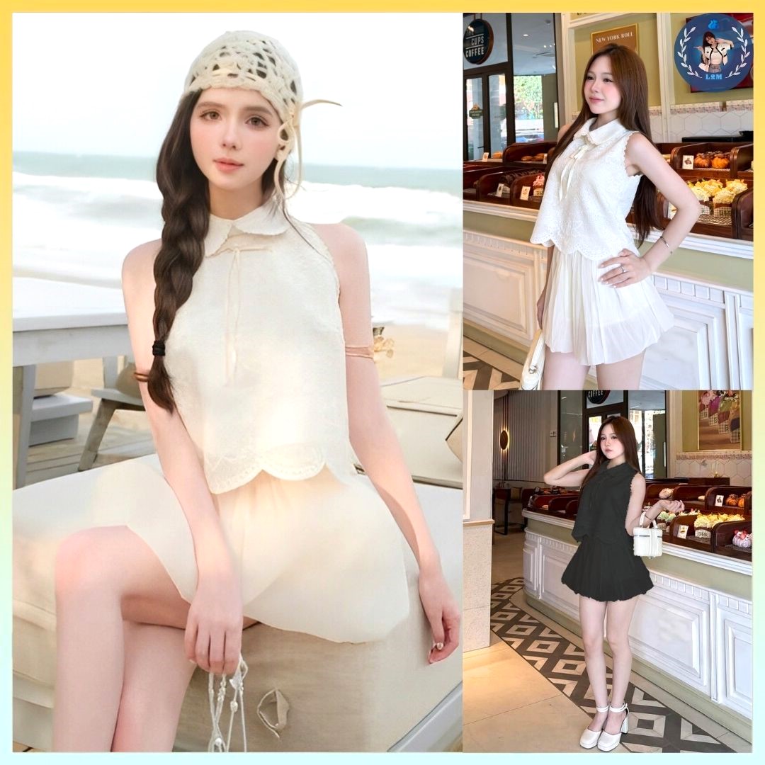 [A436] SET Áo XÔ REN kiểu nữ CỔ SEN PHỐI HOA sát nách phối VÁY BÍ TƠ sang chảnh xinh xắn - L2M (New)
