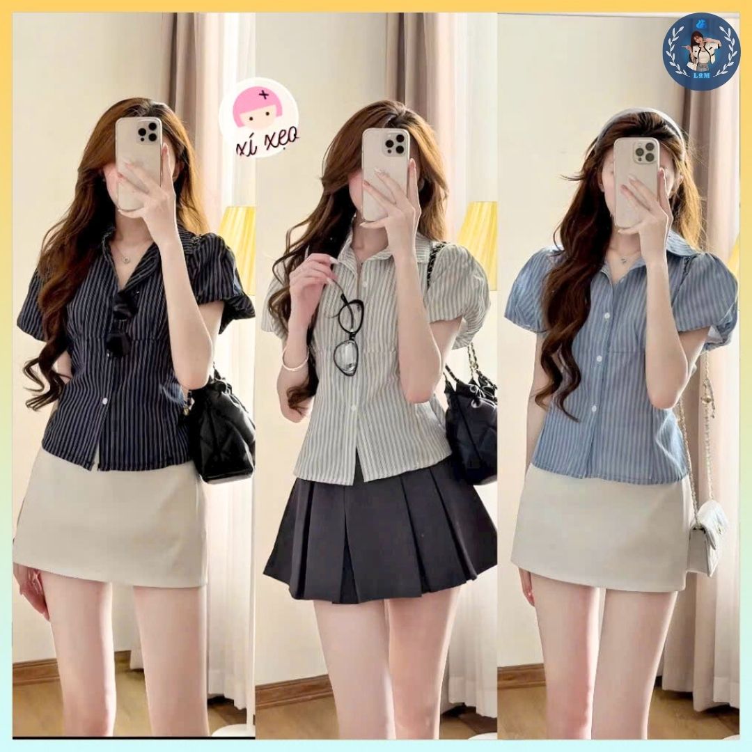 A429 Sơ mi kẻ sọc chiết eo tay bồng - L2M Quảng Châu