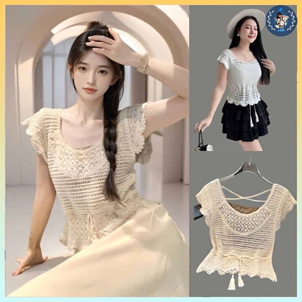 [A494] SET (2 Áo) len LƯỚI tay CÁNH TIÊN ĐAN DÂY LƯNG phối DÂY RÚT EO đi biển kiểu dáng mát mẻ năng động - L2M (New)