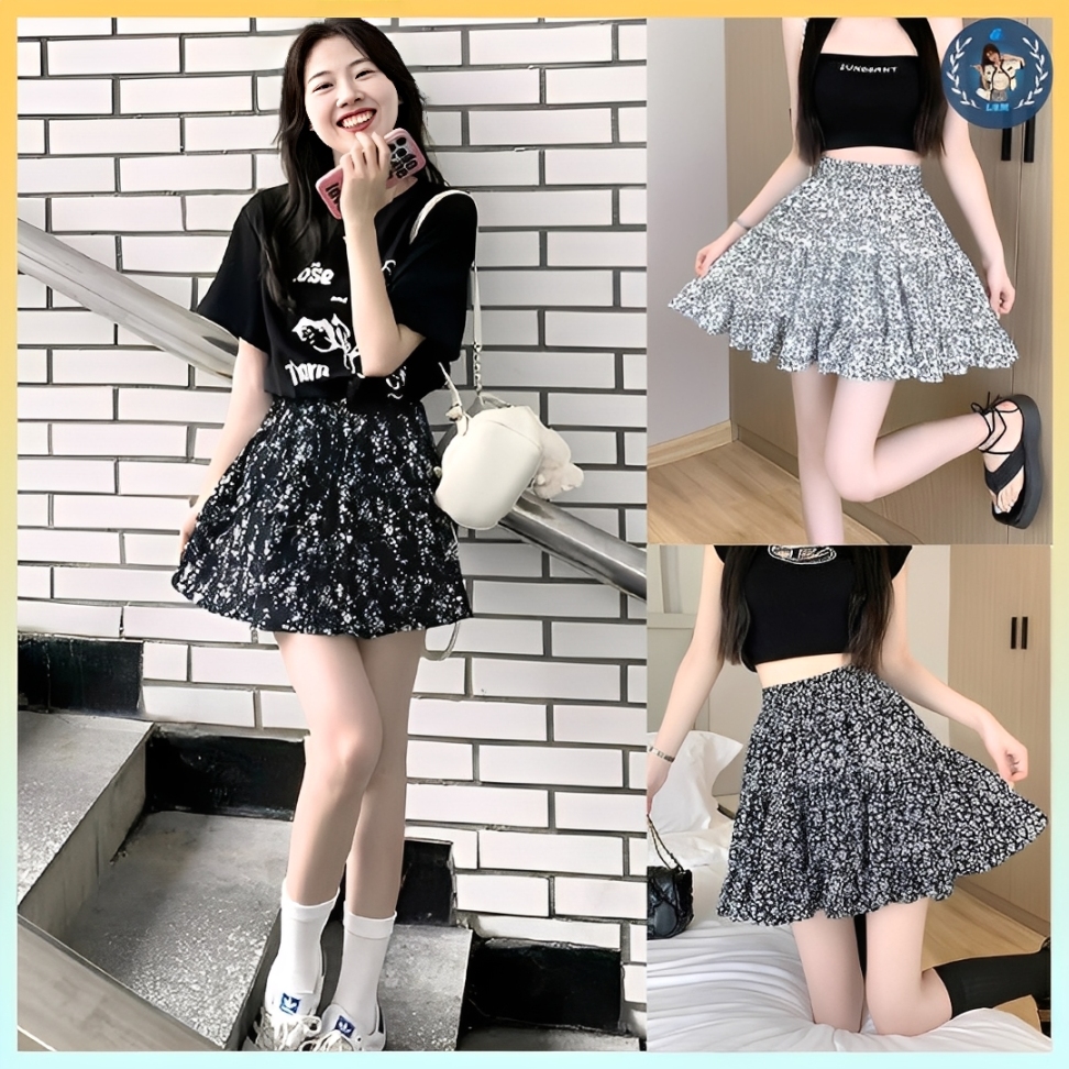 [Q089] Chân váy xòe PHỦ ĐẦY HOA LÁ ghép tầng có lót trong dáng ngắn xinh xắn - L2M