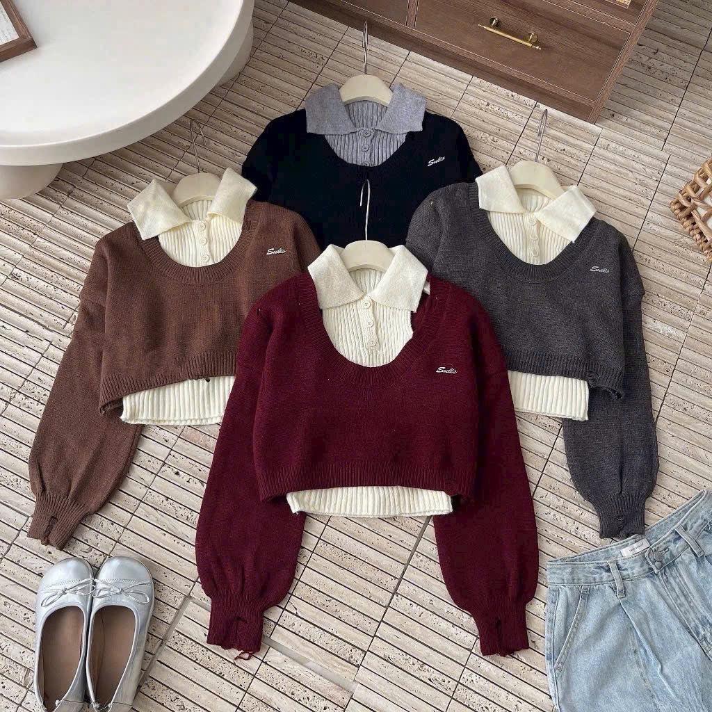 [A380] Set (2 MÓN) áo len dệt kim CROPTOP KÈM TAG và ÁO 3 LỖ có cổ tay dài phối rách siêu hot - L2M  (Hot)