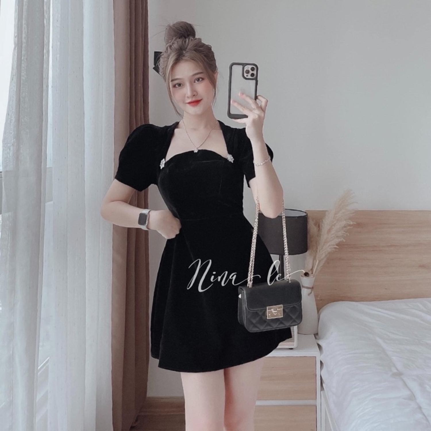 [A089] Đầm NHUNG 2 màu đính HOA TUYẾT dáng chữ A siêu xinh - L2M (Sale)