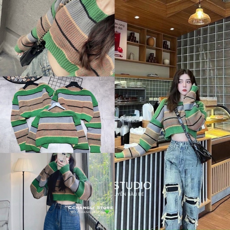 [A051] Áo len nữ Montoghi dệt kim TAY DÀI dáng CROPTOP kẻ sọc xanh HQ loại 1 chơi Đà Lạt  - L2M  (Hot)