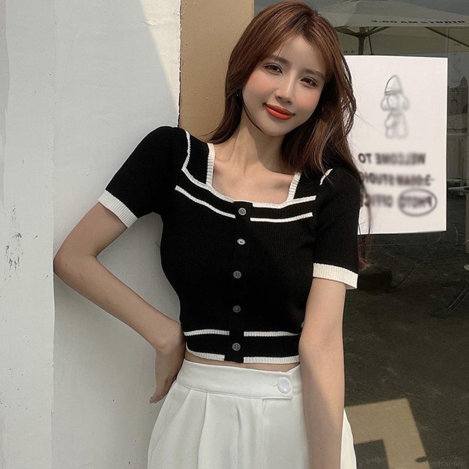 [A101] Áo len thun Montoghi dệt kim Quảng Châu CỔ VUÔNG kiểu Pháp PHỐI VIỀN tay ngắn - L2M