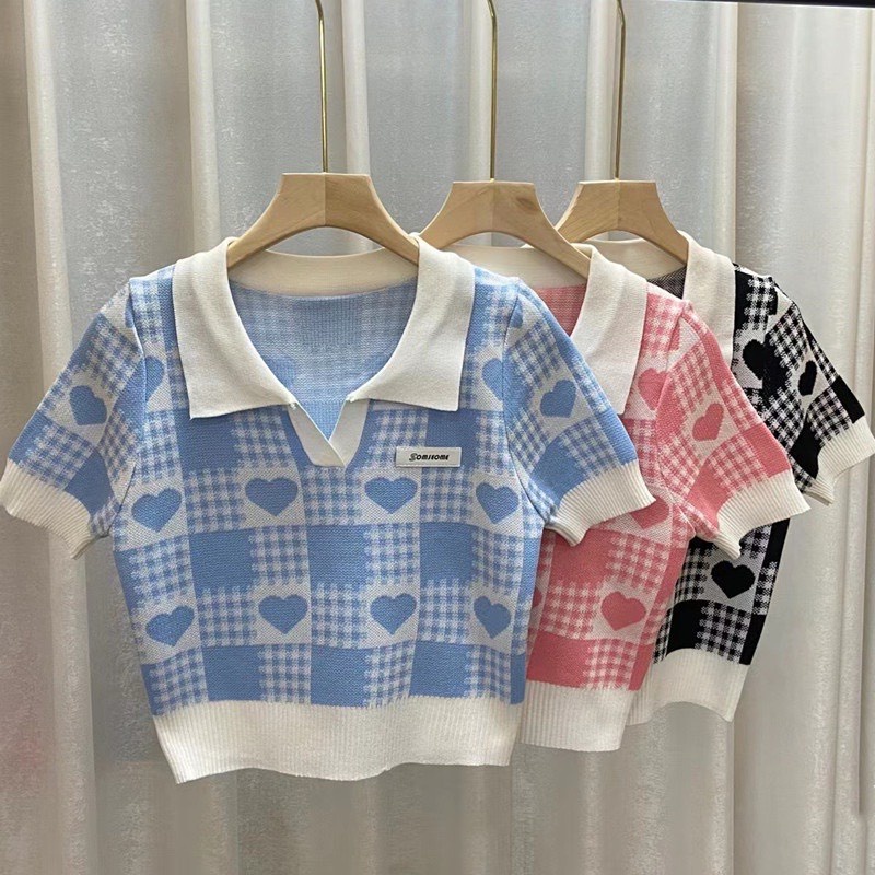 [A104] Áo len thun Montoghi CARO dệt kim Quảng Châu TRÁI TIM cổ đức màu sắc xinh xắn - L2M