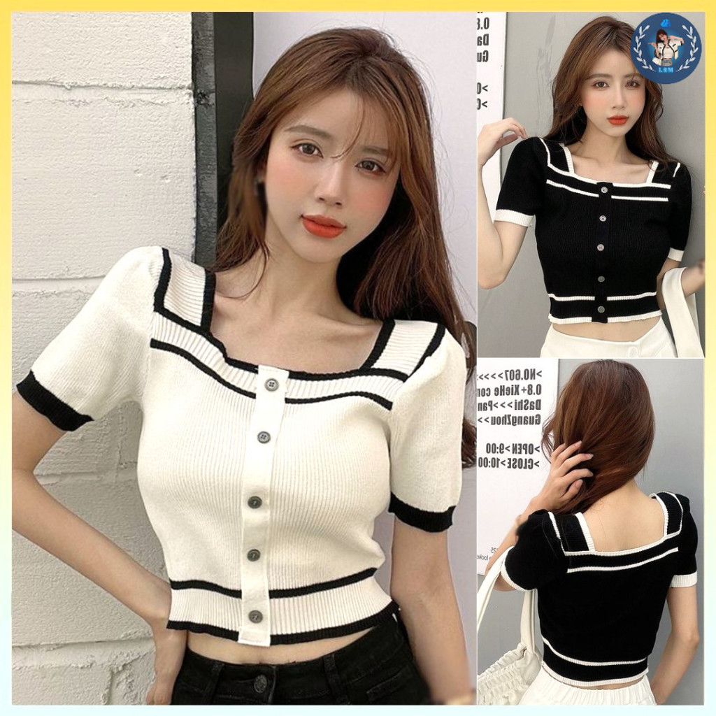 [A101] Áo len thun Montoghi dệt kim Quảng Châu CỔ VUÔNG kiểu Pháp PHỐI VIỀN tay ngắn - L2M