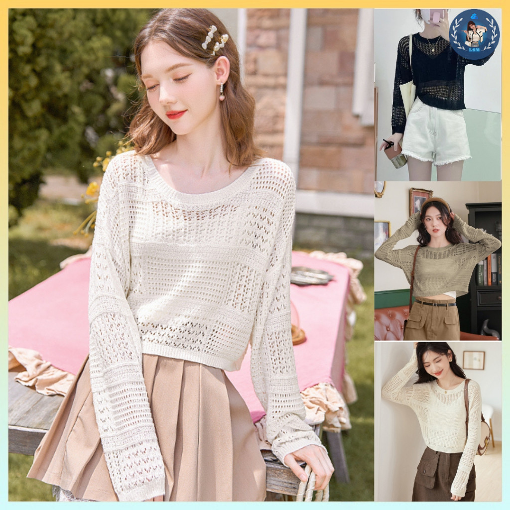 [A212] Áo len LƯỚI Montoghi dệt kim HỌA TIẾT MỚI CÁCH ĐIỆU tay dài cổ tròn xinh xắn dễ phối - L2M  (Hot)