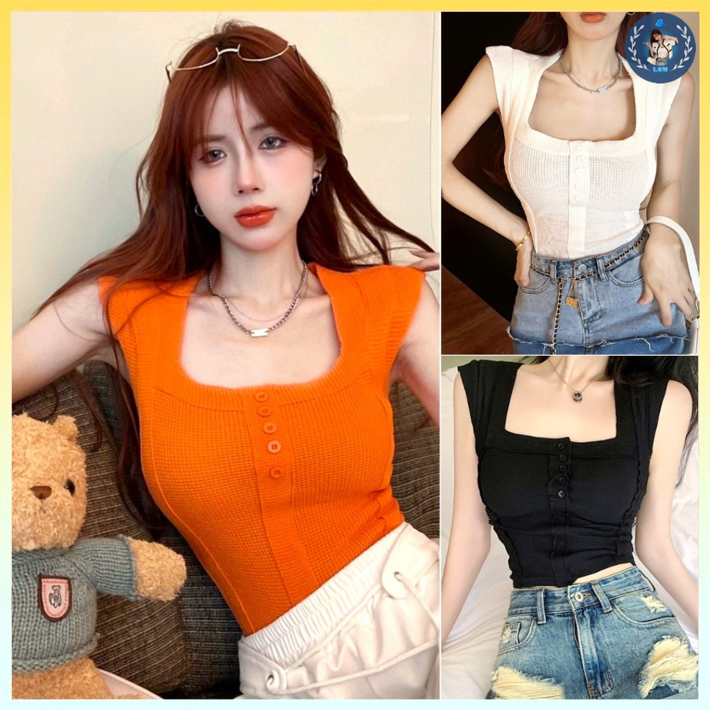 [A102] Áo len thun Montoghi dệt kim VAI HẾN CỔ VUÔNG dáng ôm phối nút Quảng Châu cực hot - L2M