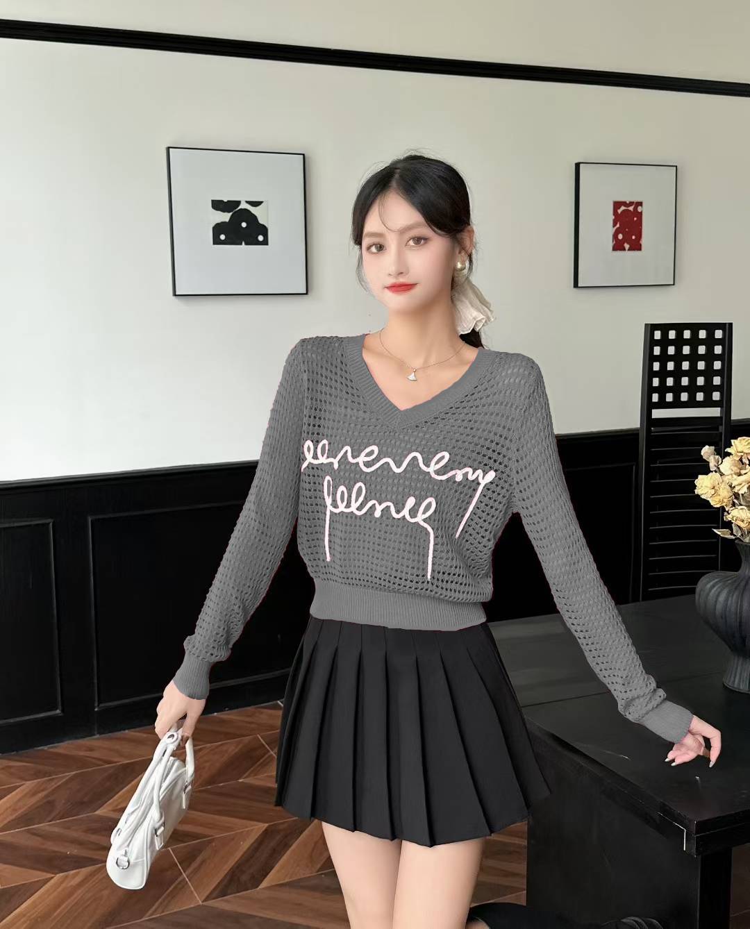 [A473] SET (2 ÁO) len LƯỚI nữ Montoghi dệt kim CHỮ NỐI DÀI kèm ÁO 3 LỖ cực hot sang chảnh - L2M (New)