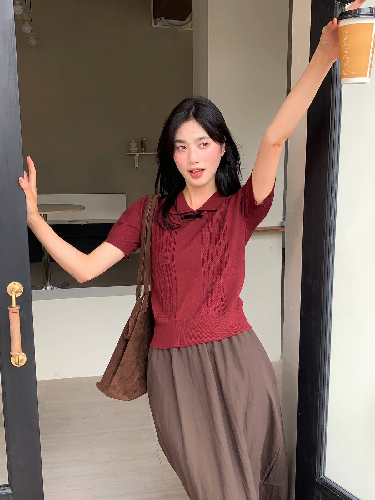 [A474] Áo len nữ Montoghi dệt kim QC PHỐI NƠ ĐEN họa tiết THỪNG 2 BÊN xinh xắn điệu đà - L2M (New)