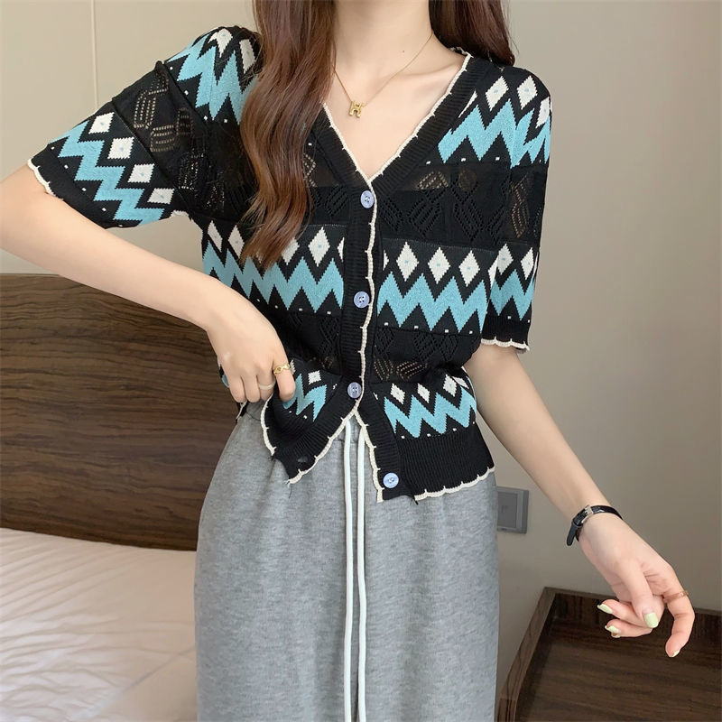 [A106] Áo len lưới Montoghi dệt kim cài nút họa tiết THỔ CẨM gợn sóng Quảng Châu siêu xinh - L2M