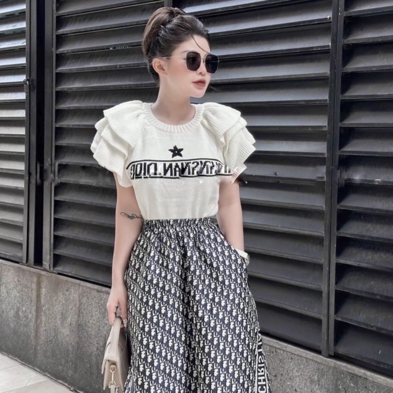 [A165] Áo len Montoghi dệt kim IN SAO dạng TAY BÈO cổ tròn Quảng Châu xinh xắn thanh lịch - L2M (Sale)