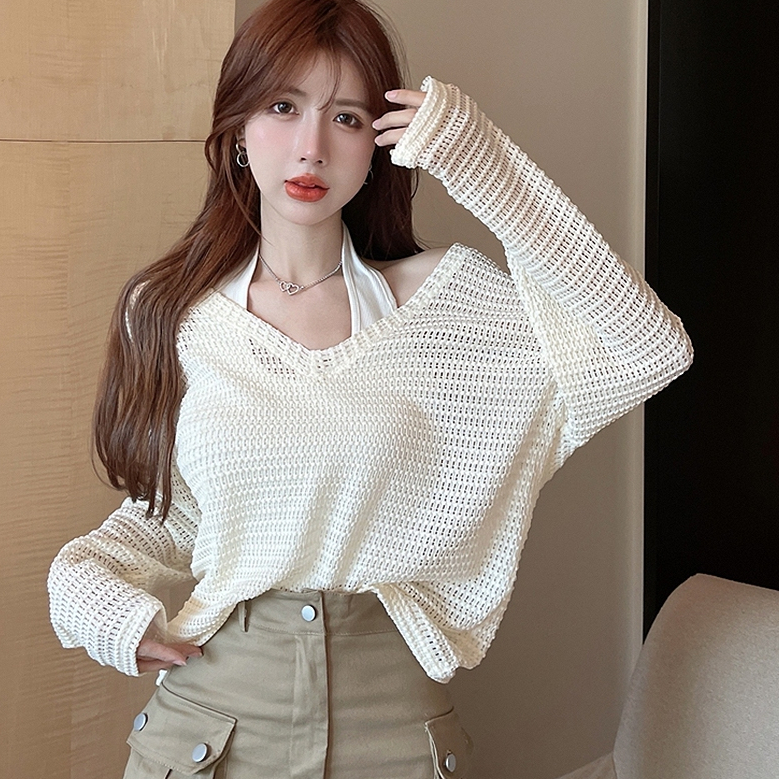 [A195] SET (2 MÓN) áo len dệt kim Montoghi kiểu YẾM MIX áo LƯỚI DÀI CỔ V thời trang sành điệu - L2M  (Hot)