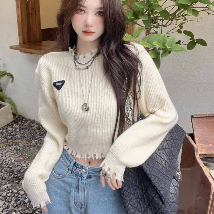 [A239] Áo len thun nữ Montoghi dệt kim CROPTOP logo TAM GIÁC phối VIỀN RÁCH tay dài cá tính - L2M  (Hot)