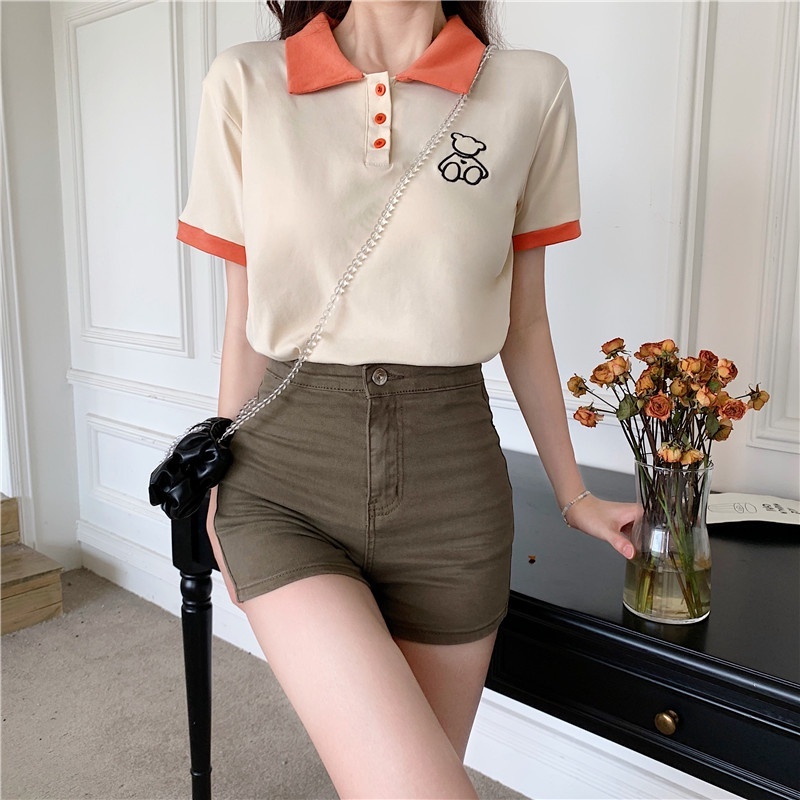 [A231] Áo len thun nữ Montoghi dệt kim logo GẤU TRƠN cổ polo phối nút QC nhẹ nhàng xinh xắn - L2M (Sale)