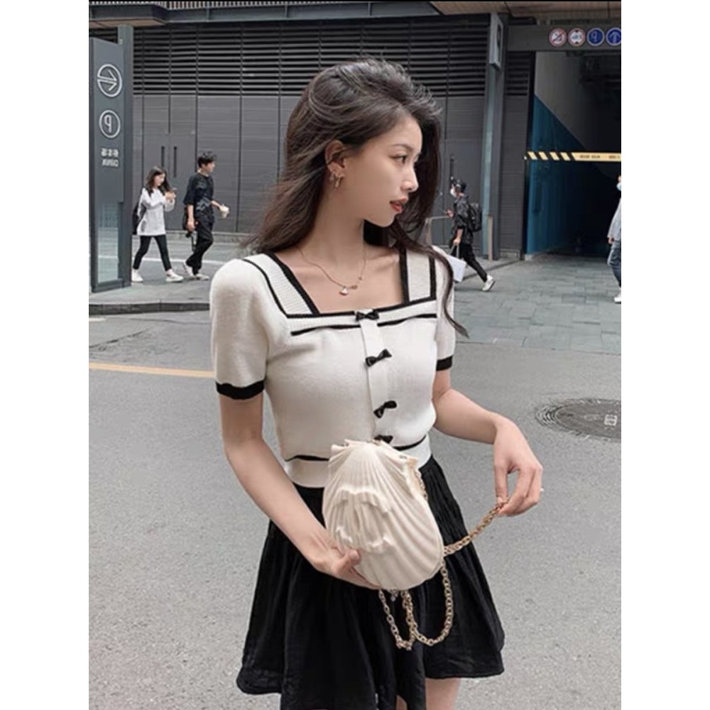 [A101] Áo len thun Montoghi dệt kim Quảng Châu CỔ VUÔNG kiểu Pháp PHỐI VIỀN tay ngắn - L2M