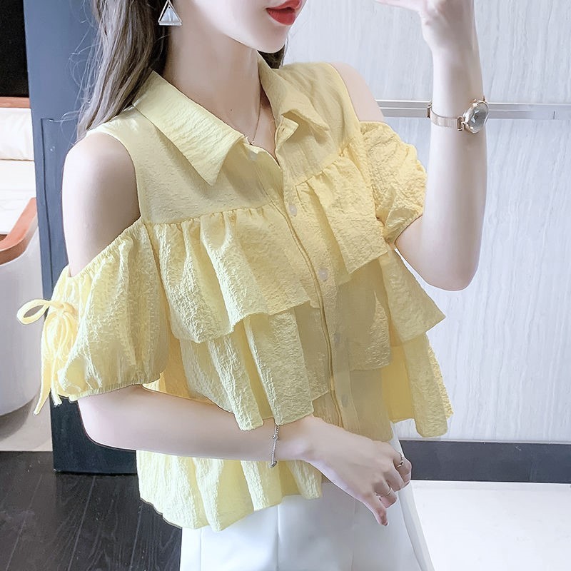 [A286] Áo sơ mi kiểu nữ 3 TẦNG HỞ VAI phối nơ tay ngắn cổ polo hàng Quảng Châu xinh xắn - L2M (Sale)