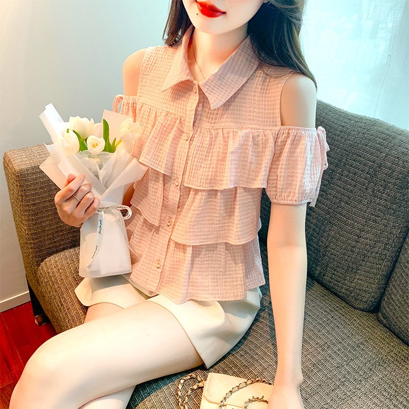 [A286] Áo sơ mi kiểu nữ 3 TẦNG HỞ VAI phối nơ tay ngắn cổ polo hàng Quảng Châu xinh xắn - L2M (Sale)