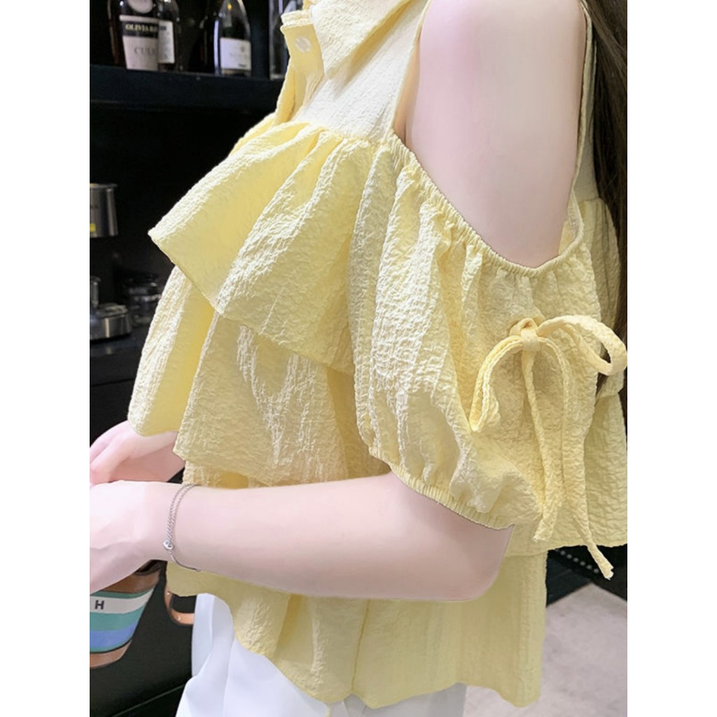 [A286] Áo sơ mi kiểu nữ 3 TẦNG HỞ VAI phối nơ tay ngắn cổ polo hàng Quảng Châu xinh xắn - L2M (Sale)