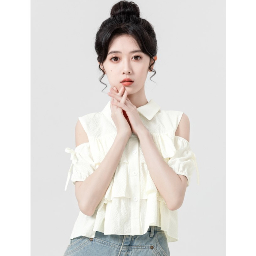 [A286] Áo sơ mi kiểu nữ 3 TẦNG HỞ VAI phối nơ tay ngắn cổ polo hàng Quảng Châu xinh xắn - L2M (Sale)