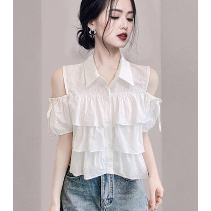 [A286] Áo sơ mi kiểu nữ 3 TẦNG HỞ VAI phối nơ tay ngắn cổ polo hàng Quảng Châu xinh xắn - L2M (Sale)