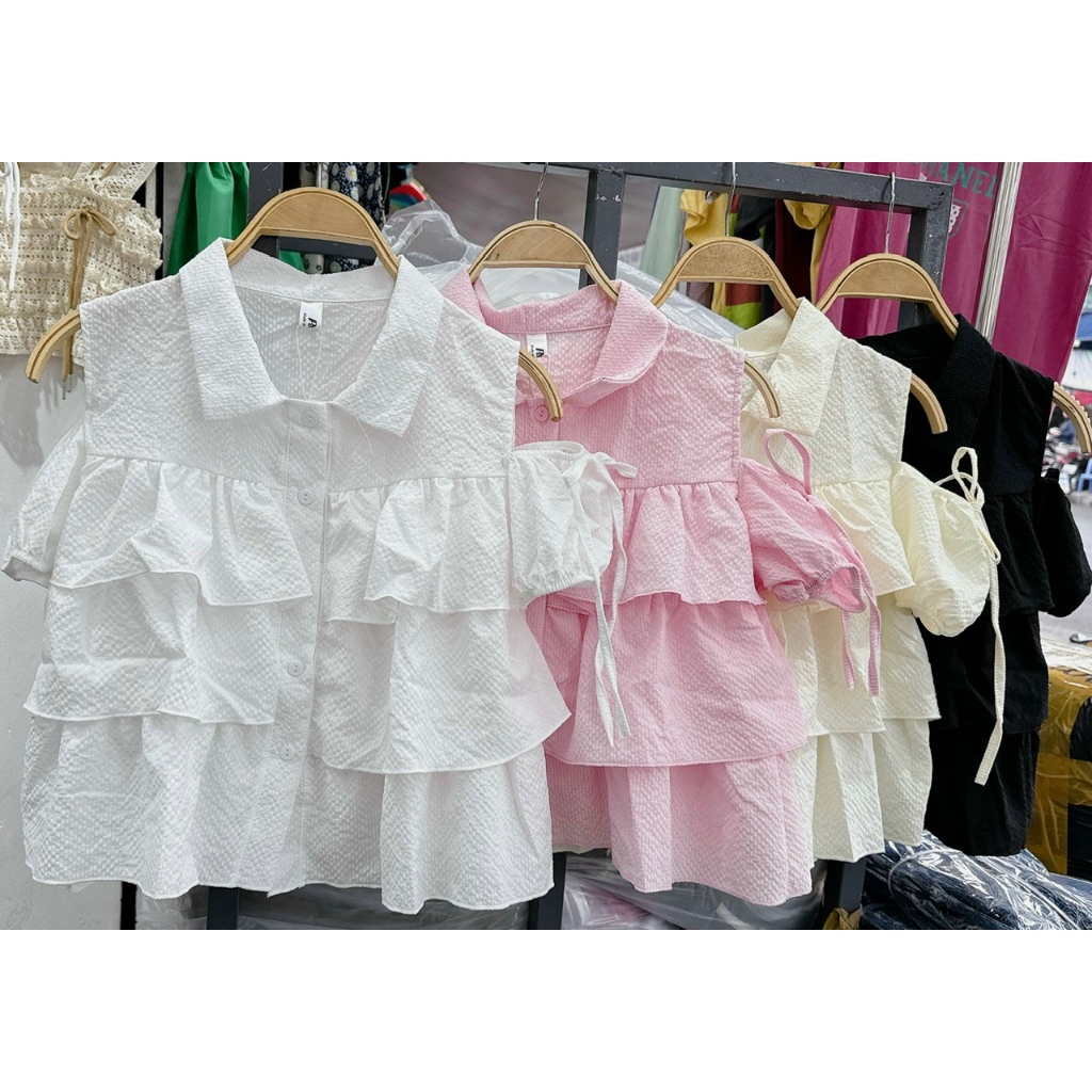 [A286] Áo sơ mi kiểu nữ 3 TẦNG HỞ VAI phối nơ tay ngắn cổ polo hàng Quảng Châu xinh xắn - L2M (Sale)