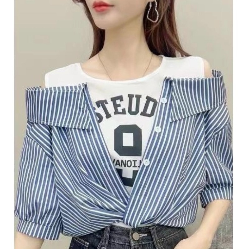 [A293] Áo len nữ Montoghi IN CHỮ RỚT VAI phối sơ mi TAY NGẮN Quảng Châu kiểu dáng độc đáo - L2M
