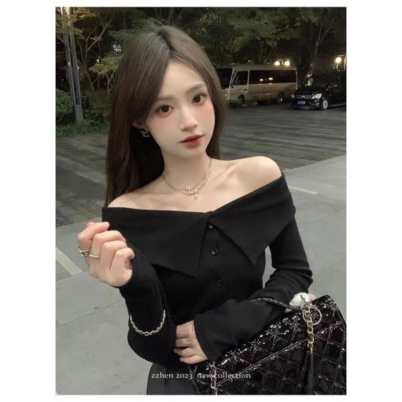 [A296] Áo len thun Montoghi dệt kim KIỂU NHÚN EO phối bẹt 2 bên vai tay dài phối nút xinh xắn - L2M