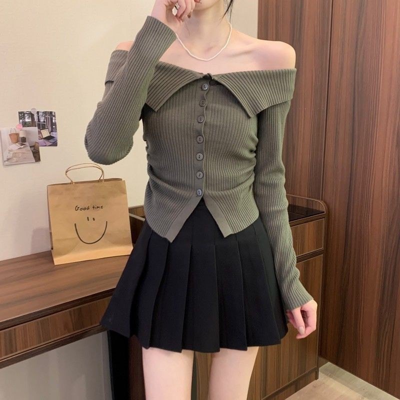 [A296] Áo len thun Montoghi dệt kim KIỂU NHÚN EO phối bẹt 2 bên vai tay dài phối nút xinh xắn - L2M