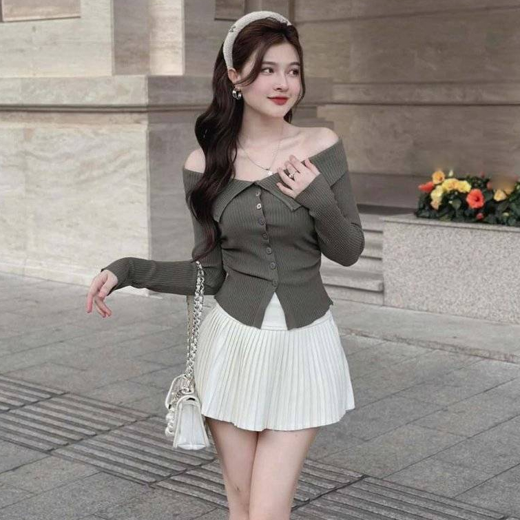 [A296] Áo len thun Montoghi dệt kim KIỂU NHÚN EO phối bẹt 2 bên vai tay dài phối nút xinh xắn - L2M