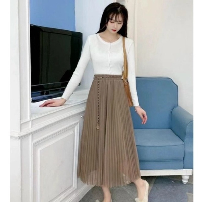 [Q071] Chân váy nữ midi XẾP LY kèm đai lưng MẮC XÍCH hàng Quảng Châu sang trọng - L2M (Sale)
