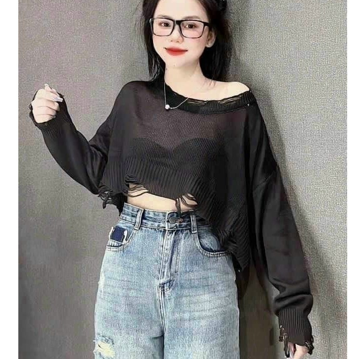 [A137] Áo len thun nữ Montoghi dệt kim mỏng KIỂU RÁCH CROPTOP kẻ sọc phong cách QC cá tính - L2M  (Hot)