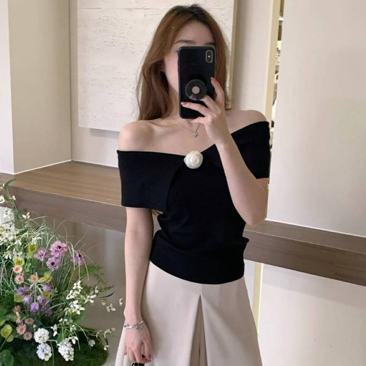 [A315] Áo len Montoghi dệt kim VAI BÈ cài HOA HỒNG vải trơn hàng Quảng Châu dáng lửng xinh - L2M (Sale)