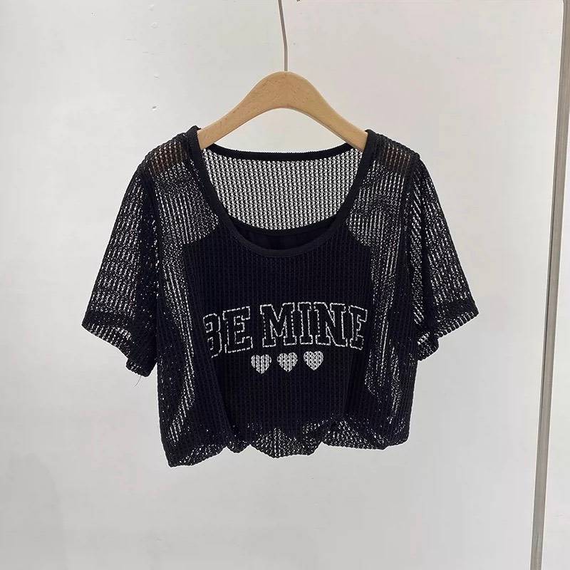 [A328] SET 2 áo len lưới IN CHỮ PHỐI TIM dáng croptop TAY NGẮN nhúm eo Quảng Châu siêu xinh - L2M