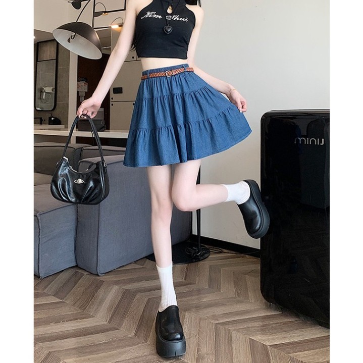 [Q075] Chân váy nữ xòe chữ A JEANS LỤA 3 NGĂN có lót trong dáng ngắn xinh xắn và cá tính - L2M